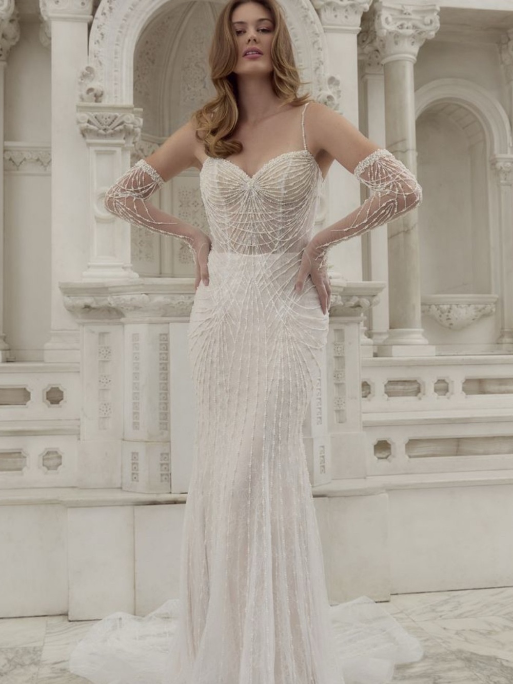 Beaded Ivory Spaghetti-Strap Wedding Gown with Matching Gloves